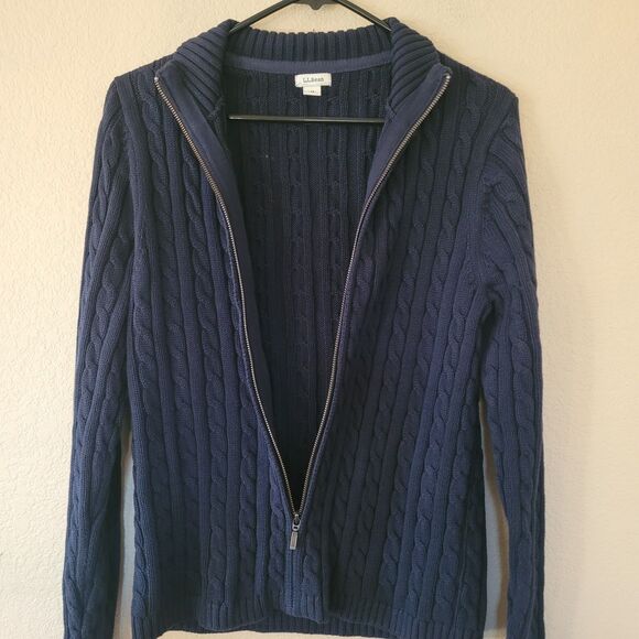 L. L. Bean Blue Cable Knit Zip Up Sweater Womens Medium 243978 Fisherman Outdoor - Picture 2 of 6